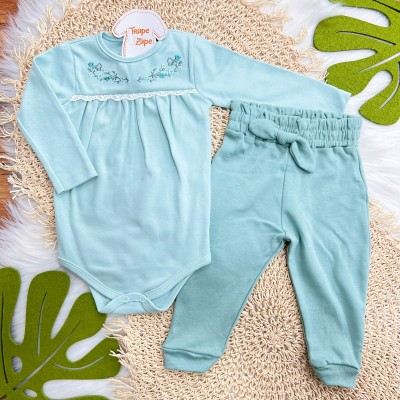 Conj. Body Manga Longa com Flores Bordadas e Calça - Verde